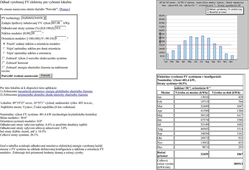 5 Náklon modulov [0;90] 30 Orientácia modulov [-180;180] (V:-90 J:0) 0 nmlkji Použiť zadaný náklon a orientáciu modulov nmlkj Nájsť optimálny náklon pre danú orientáciu nmlkj Nájsť optimálny náklon a