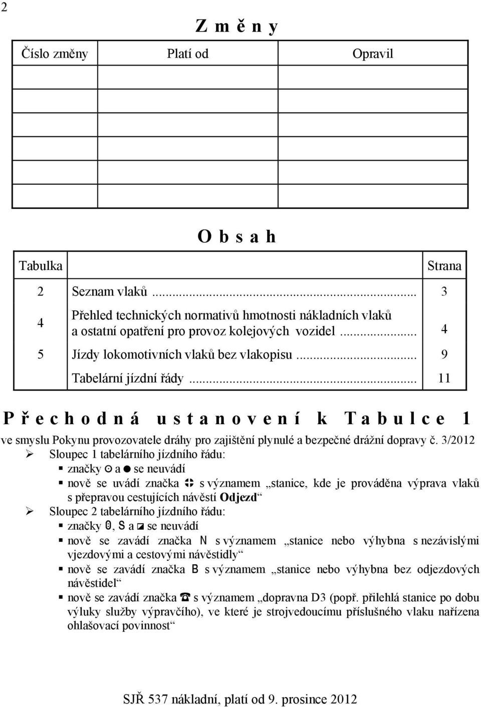 3/2012 Sloupec 1 tabelárního jízdního řádu: značky a se neuvádí nově se uvádí značka s významem stanice, kde je prováděna výprava vlaků s přepravou cestujících návěstí Odjezd Sloupec 2 tabelárního