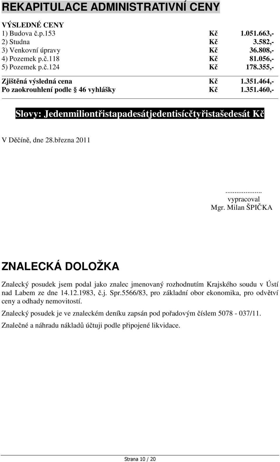 .. vypracoval Mgr. Milan ŠPIČKA ZNALECKÁ DOLOŽKA Znalecký posudek jsem podal jako znalec jmenovaný rozhodnutím Krajského soudu v Ústí nad Labem ze dne 14.12.1983, č.j. Spr.