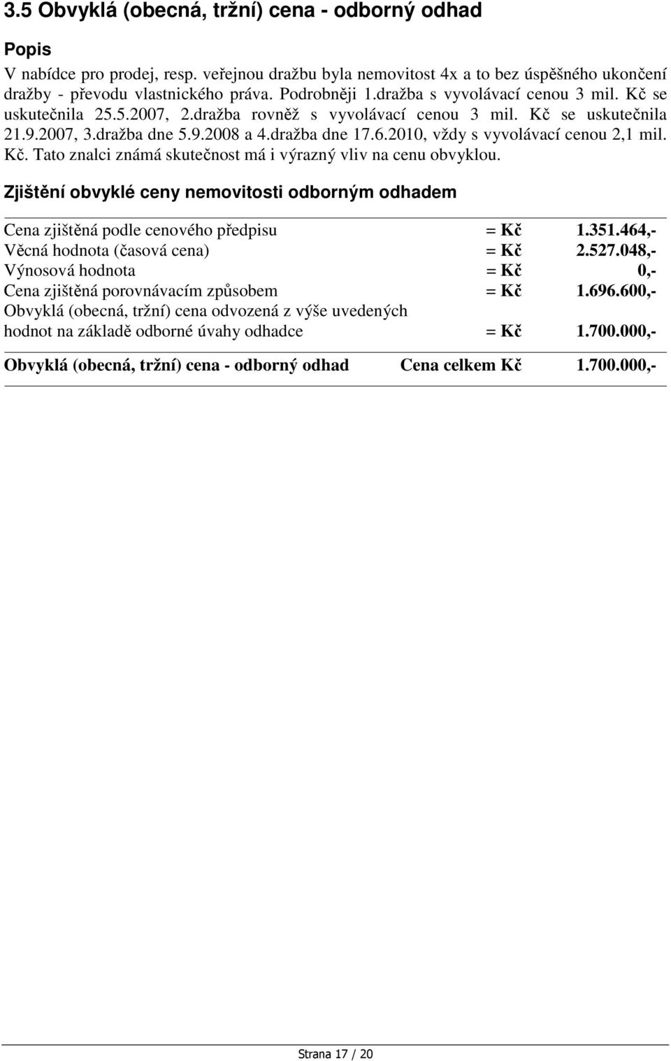 2010, vždy s vyvolávací cenou 2,1 mil. Kč. Tato znalci známá skutečnost má i výrazný vliv na cenu obvyklou.