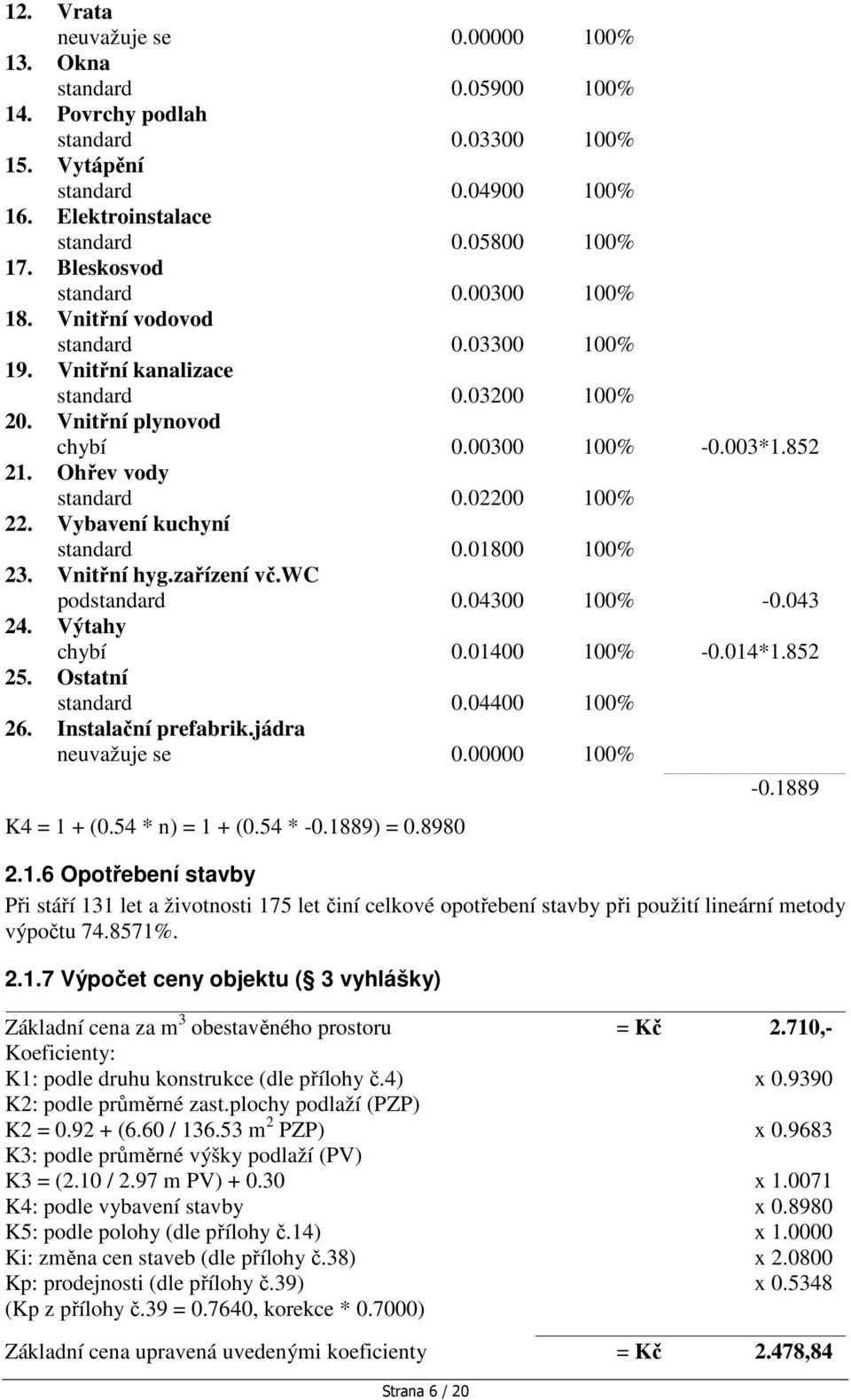 02200 100% 22. Vybavení kuchyní standard 0.01800 100% 23. Vnitřní hyg.zařízení vč.wc podstandard 0.04300 100% -0.043 24. Výtahy chybí 0.01400 100% -0.014*1.852 25. Ostatní standard 0.04400 100% 26.