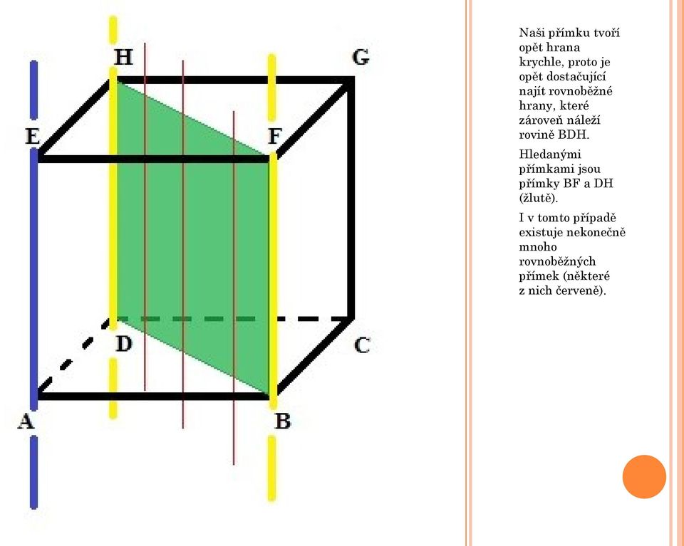 Hledanými přímkami jsou přímky BF a DH (žlutě).