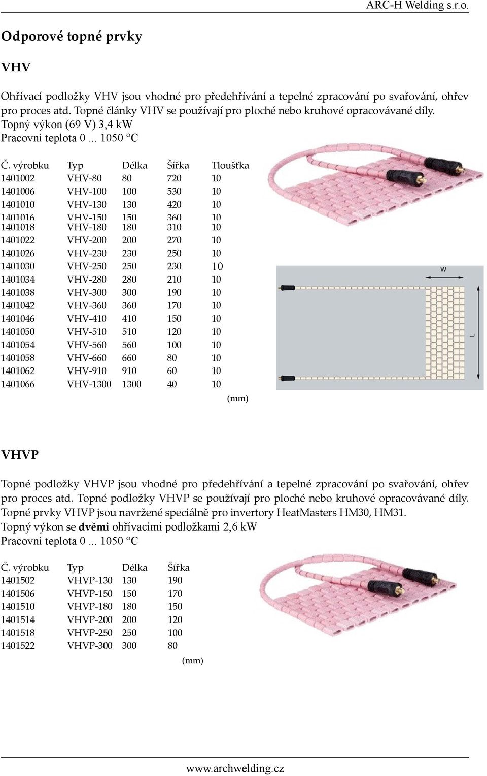 Topný výkon (69 V) 3,4 kw Tloušťka 1401002 VHV-80 80 720 10 1401006 VHV-100 100 530 10 1401010 VHV-130 130 420 10 1401016 1401018 VHV-150 VHV-180 150 180 360 310 10 10 1401022 VHV-200 200 270 10
