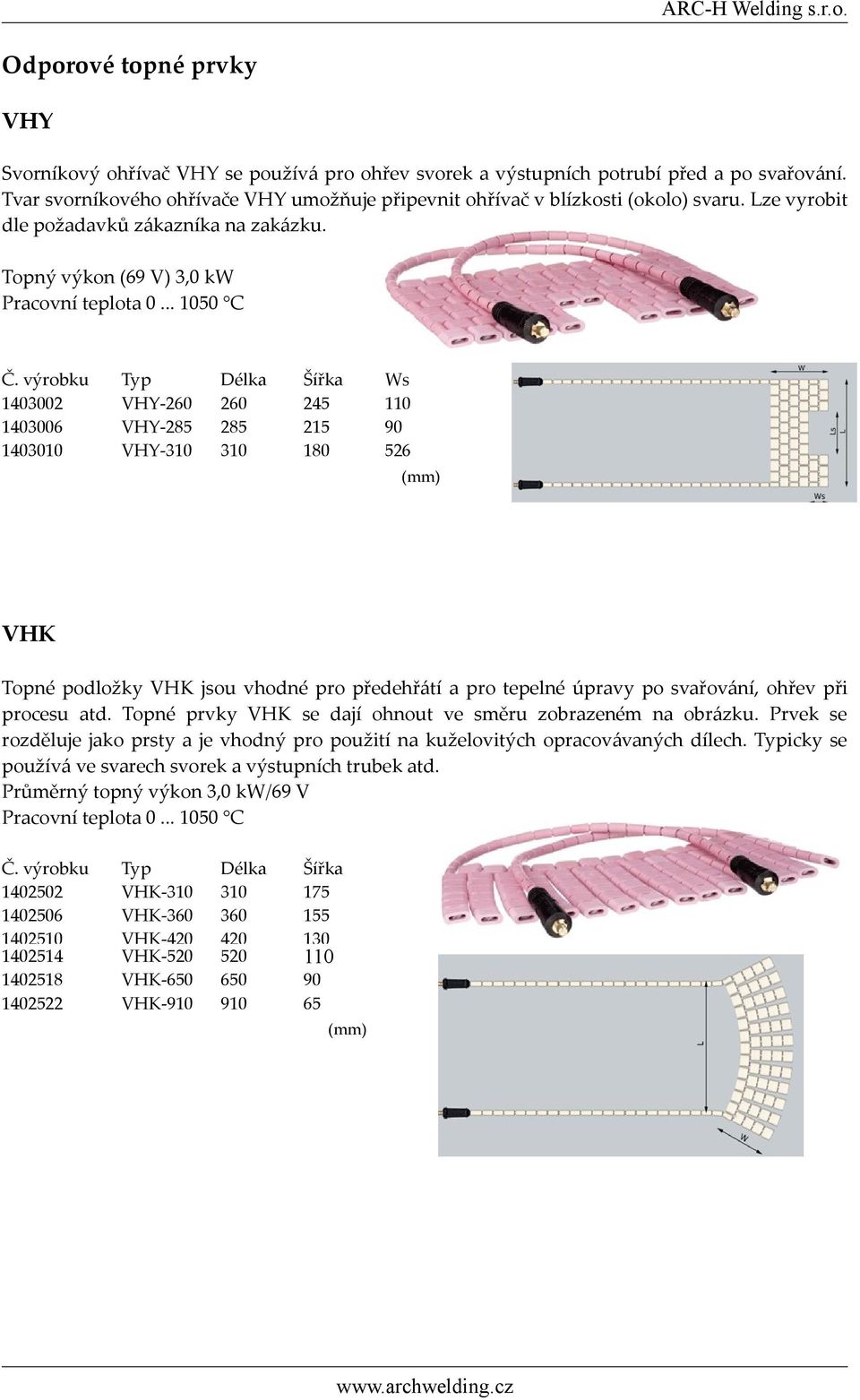 Topný výkon (69 V) 3,0 kw Ws 1403002 VHY-260 260 245 110 1403006 VHY-285 285 215 90 1403010 VHY-310 310 180 526 VHK Topné podložky VHK jsou vhodné pro předehřátí a pro tepelné úpravy po svařování,