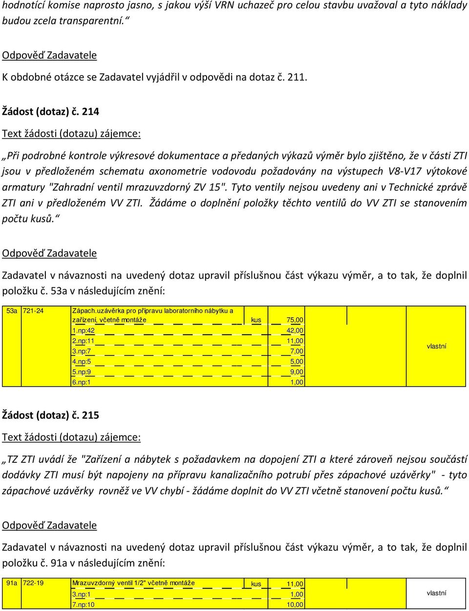 214 Při podrobné kontrole výkresové dokumentace a předaných výkazů výměr bylo zjištěno, že v části ZTI jsou v předloženém schematu axonometrie vodovodu požadovány na výstupech V8V17 výtokové armatury