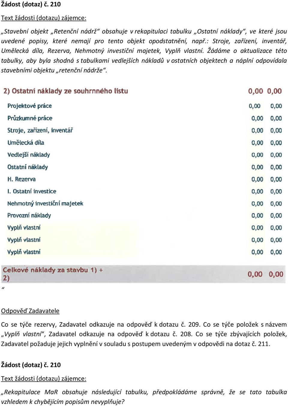 Žádáme o aktualizace této tabulky, aby byla shodná s tabulkami vedlejších nákladů v ostatních objektech a náplní odpovídala stavebními objektu retenční nádrže.