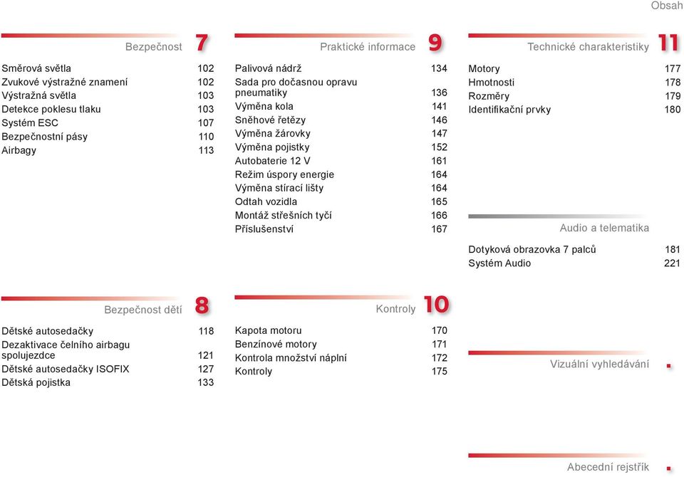 vozidla 165 Montáž střešních tyčí 166 Příslušenství 167 Technické charakteristiky Motory 177 Hmotnosti 178 Rozměry 179 Identifikační prvky 180 Audio a telematika Dotyková obrazovka 7 palců 181 Systém