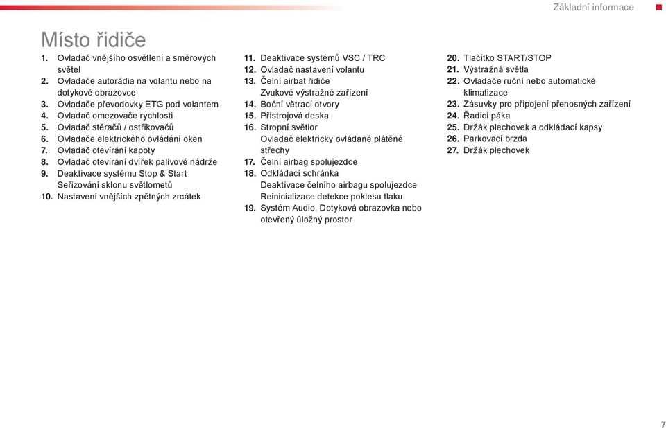Deaktivace systému Stop & Start Seřizování sklonu světlometů 10. Nastavení vnějších zpětných zrcátek 11. Deaktivace systémů VSC / TRC 12. ovladač nastavení volantu 13.