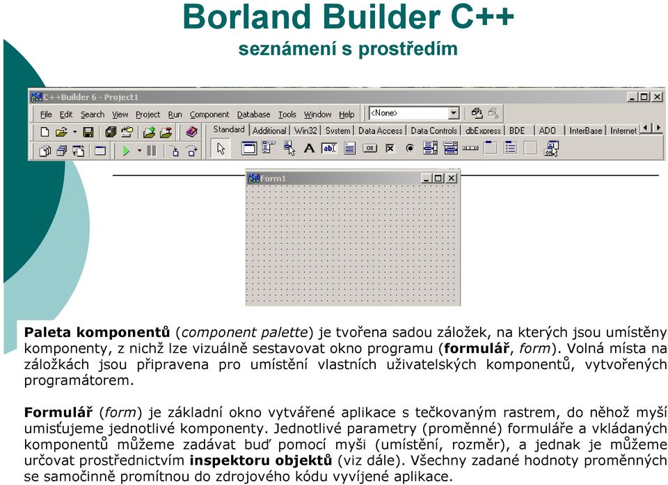 Formulář (form) je základní okno vytvářené aplikace s tečkovaným rastrem, do něhož myší umisťujeme jednotlivé komponenty.