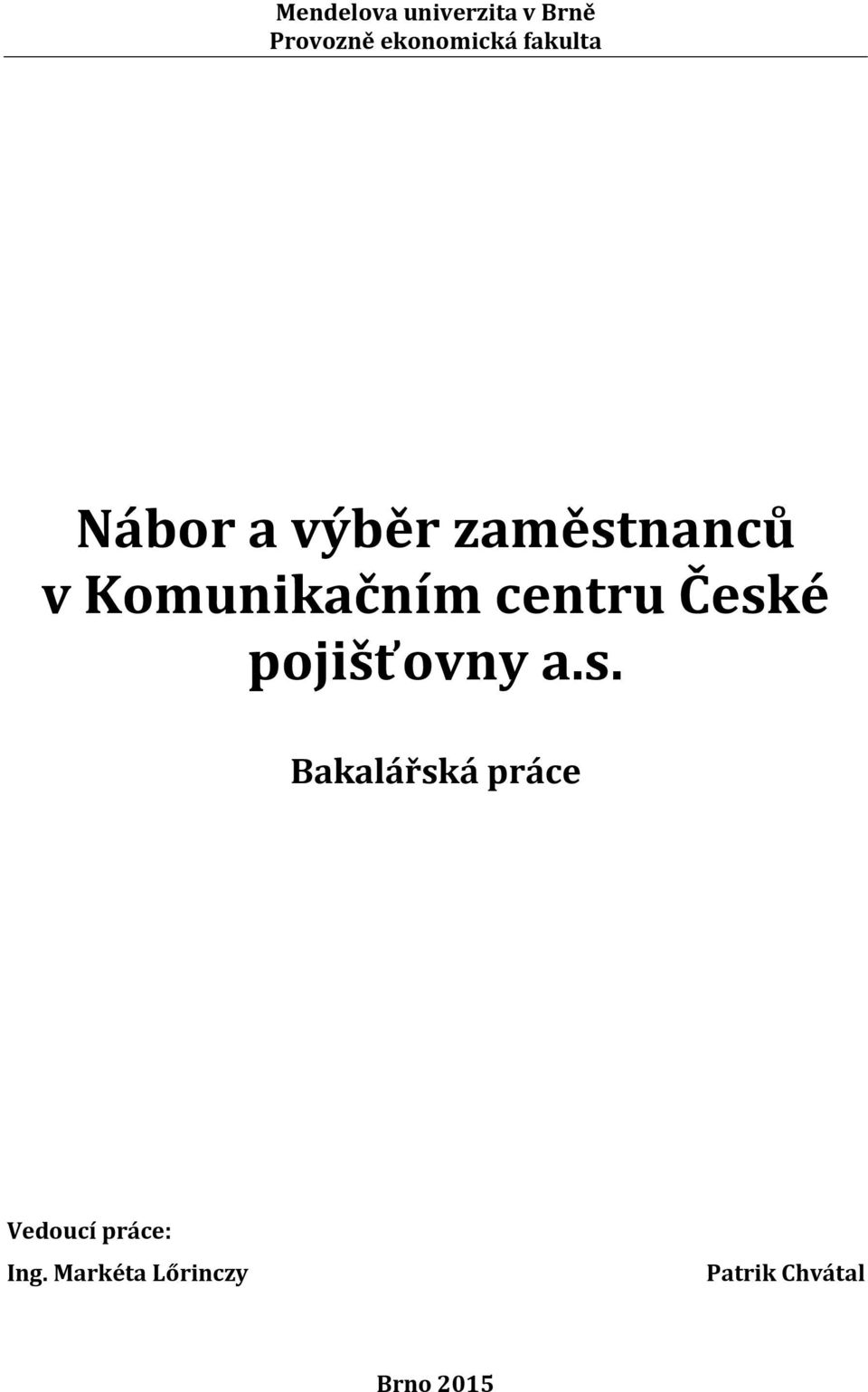 centru České pojišťovny a.s. Bakalářská práce Vedoucí práce: Ing.