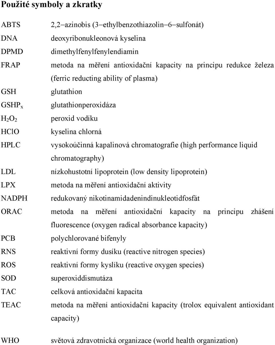 vysokoúčinná kapalinová chromatografie (high performance liquid chromatography) nízkohustotní lipoprotein (low density lipoprotein) metoda na měření antioxidační aktivity redukovaný