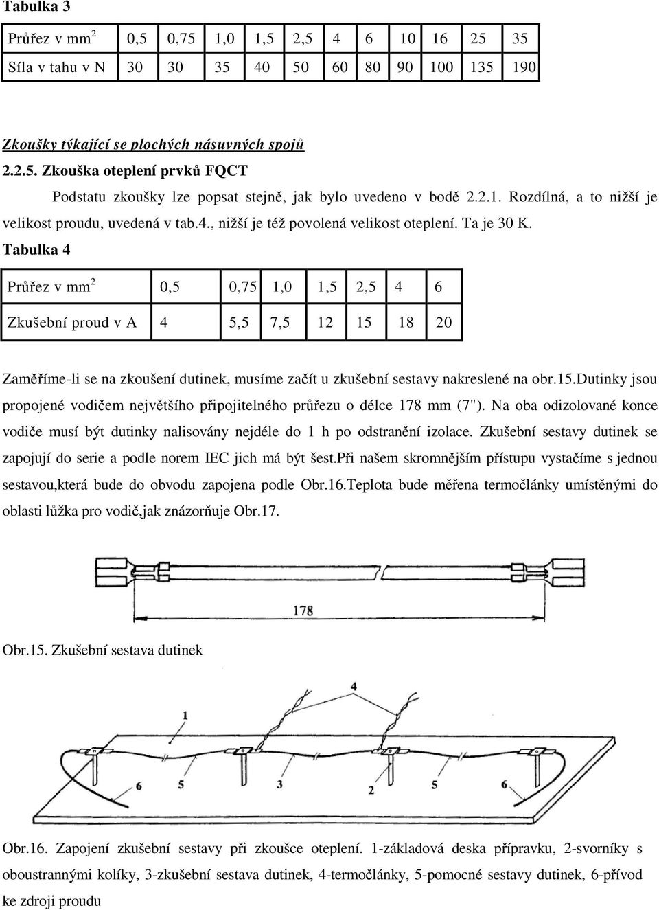 Tabulka 4 Průřez v mm 2 0,5 0,75 1,0 1,5 2,5 4 6 Zkušební proud v A 4 5,5 7,5 12 15 18 20 Zaměříme-li se na zkoušení dutinek, musíme začít u zkušební sestavy nakreslené na obr.15.dutinky jsou propojené vodičem největšího připojitelného průřezu o délce 178 mm (7").