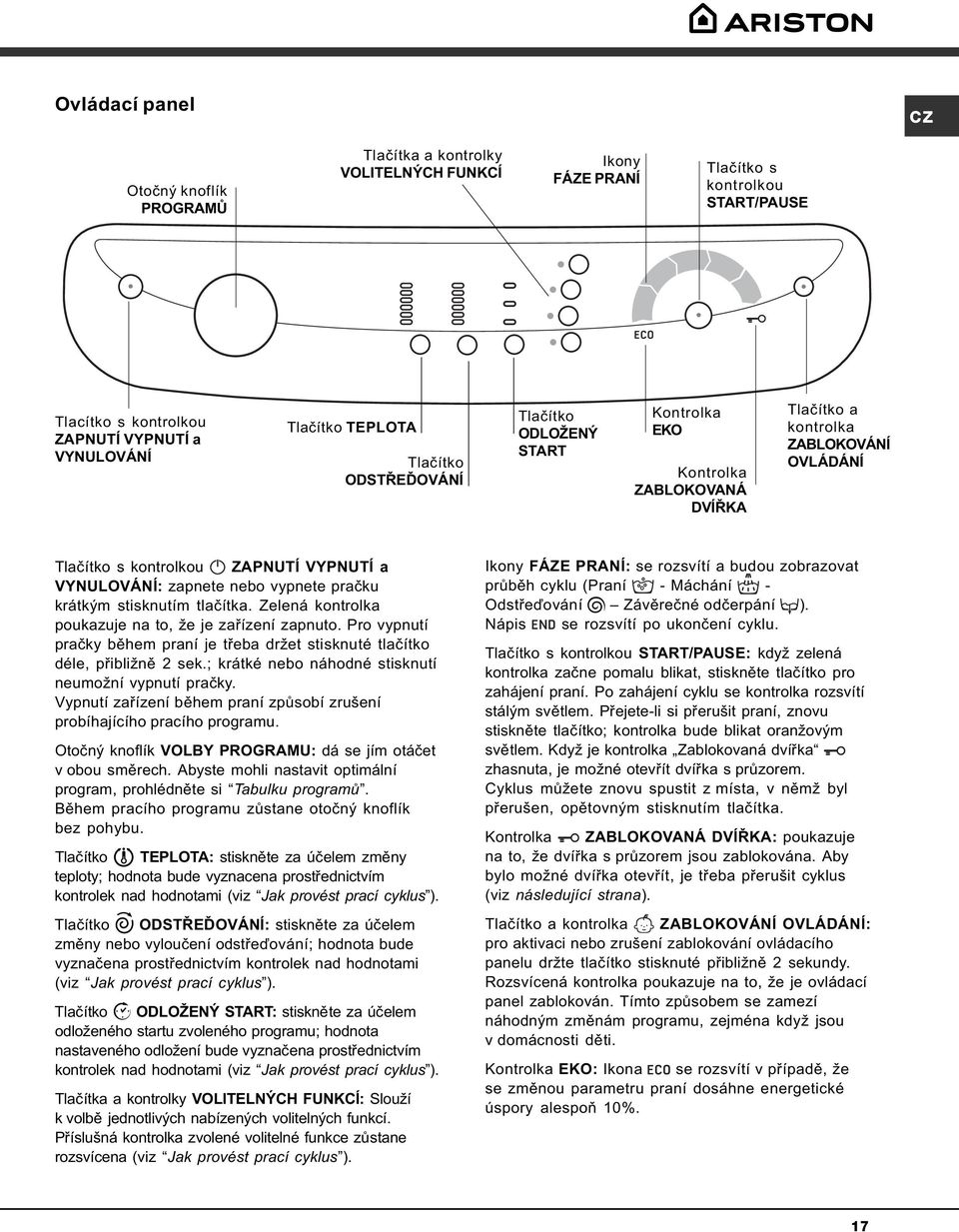 vypnete praèku krátkým stisknutím tlaèítka. Zelená kontrolka poukazuje na to, že je zaøízení zapnuto. Pro vypnutí praèky bìhem praní je tøeba držet stisknuté tlaèítko déle, pøibližnì 2 sek.