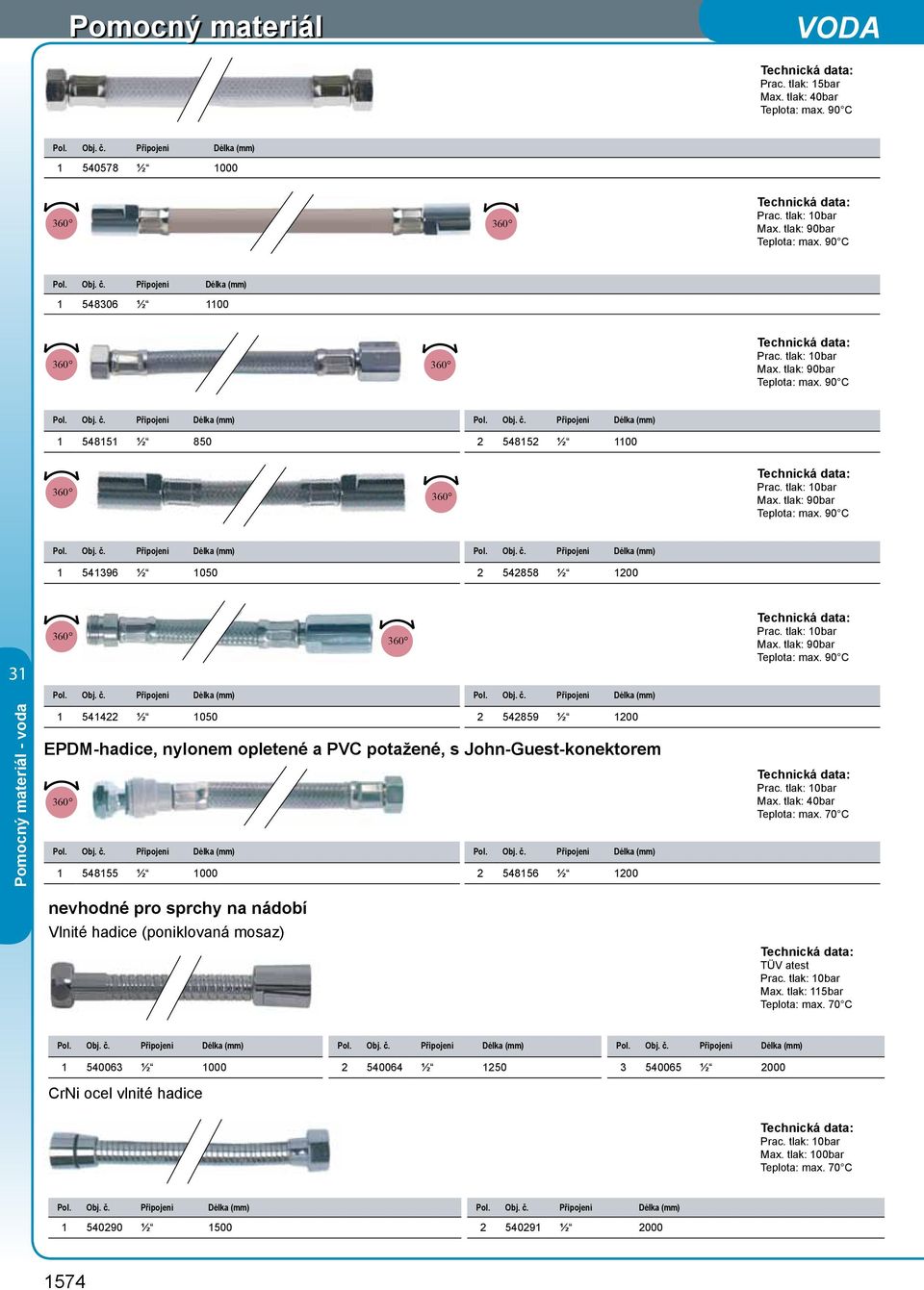 Obj. č. Připojení Délka (mm) Pol. Obj. č. Připojení Délka (mm) 360 Max. tlak: 90bar 1 541422 ½ 1050 2 542859 ½ 1200 EPDM-hadice, nylonem opletené a PVC potažené, s John-Guest-konektorem 360 Pol. Obj. č. Připojení Délka (mm) Pol. Obj. č. Připojení Délka (mm) 1 548155 ½ 1000 2 548156 ½ 1200 Max.