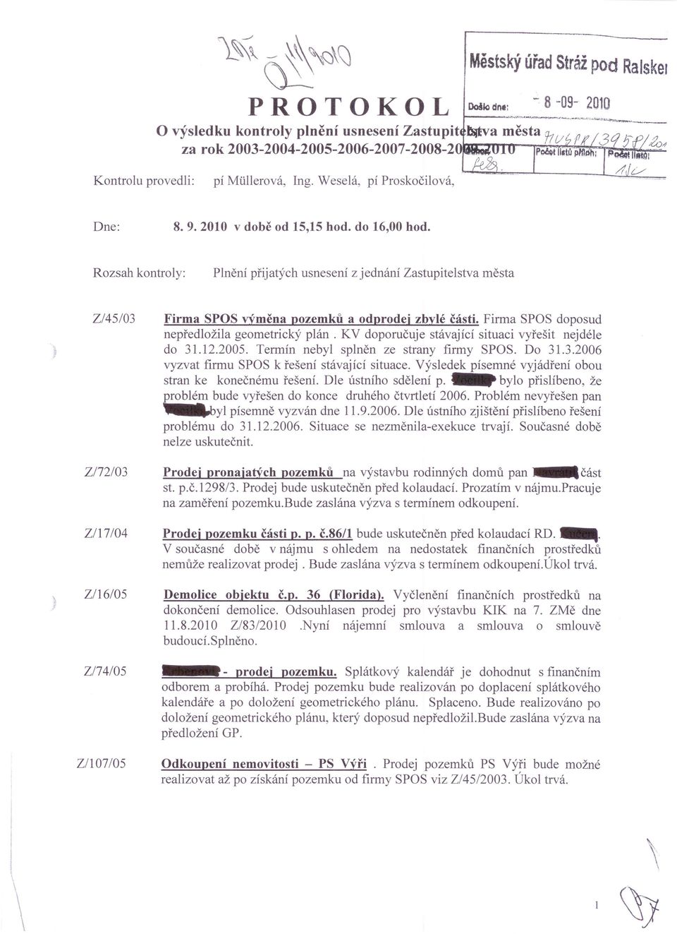 1/: --- ~v Kontrolu provedli: pí Můllerová, Ing. Weselá, pí Proskočilová, Dne: 8. 9. 2010 v době od 15,15 hod. do 16,00 hod.