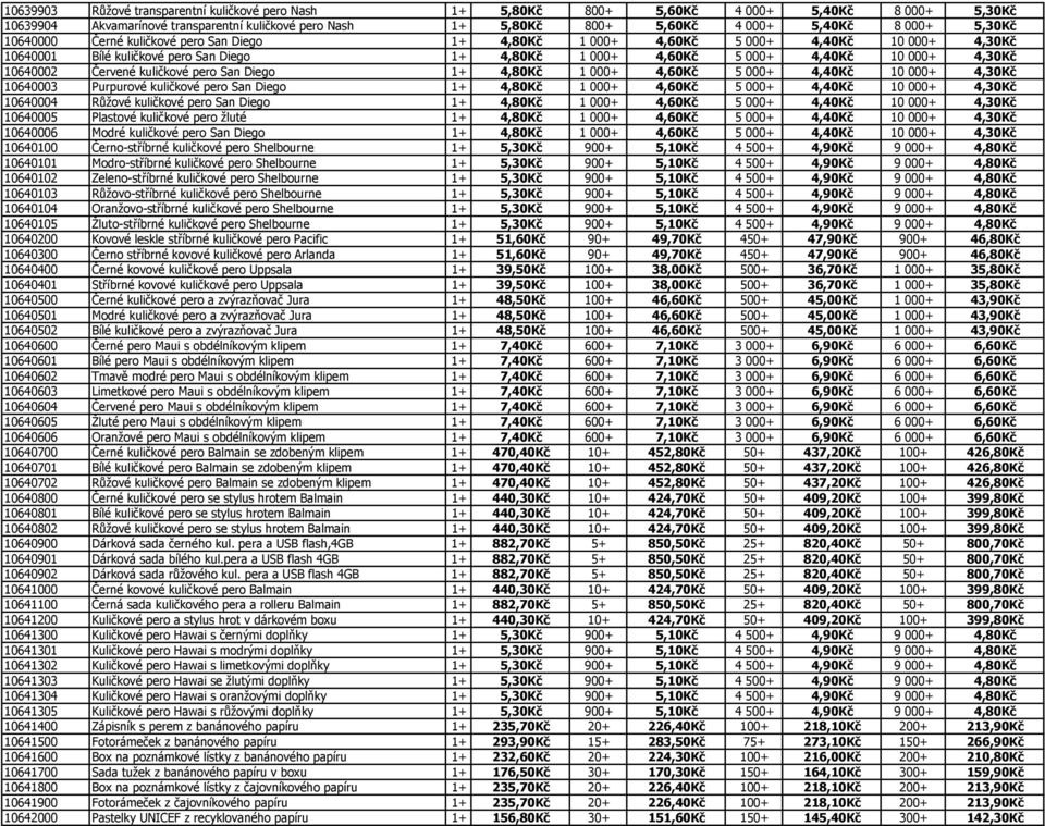 10640002 Červené kuličkové pero San Diego 1+ 4,80Kč 1 000+ 4,60Kč 5 000+ 4,40Kč 10 000+ 4,30Kč 10640003 Purpurové kuličkové pero San Diego 1+ 4,80Kč 1 000+ 4,60Kč 5 000+ 4,40Kč 10 000+ 4,30Kč