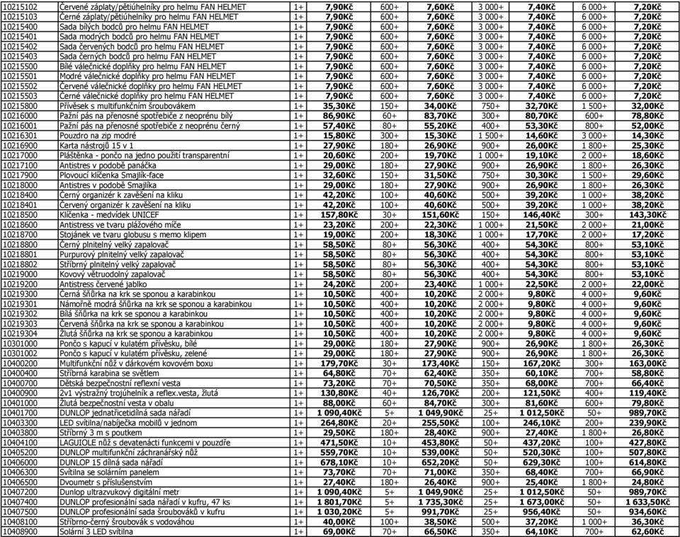 7,40Kč 6 000+ 7,20Kč 10215402 Sada červených bodců pro helmu FAN HELMET 1+ 7,90Kč 600+ 7,60Kč 3 000+ 7,40Kč 6 000+ 7,20Kč 10215403 Sada černých bodců pro helmu FAN HELMET 1+ 7,90Kč 600+ 7,60Kč 3 000+