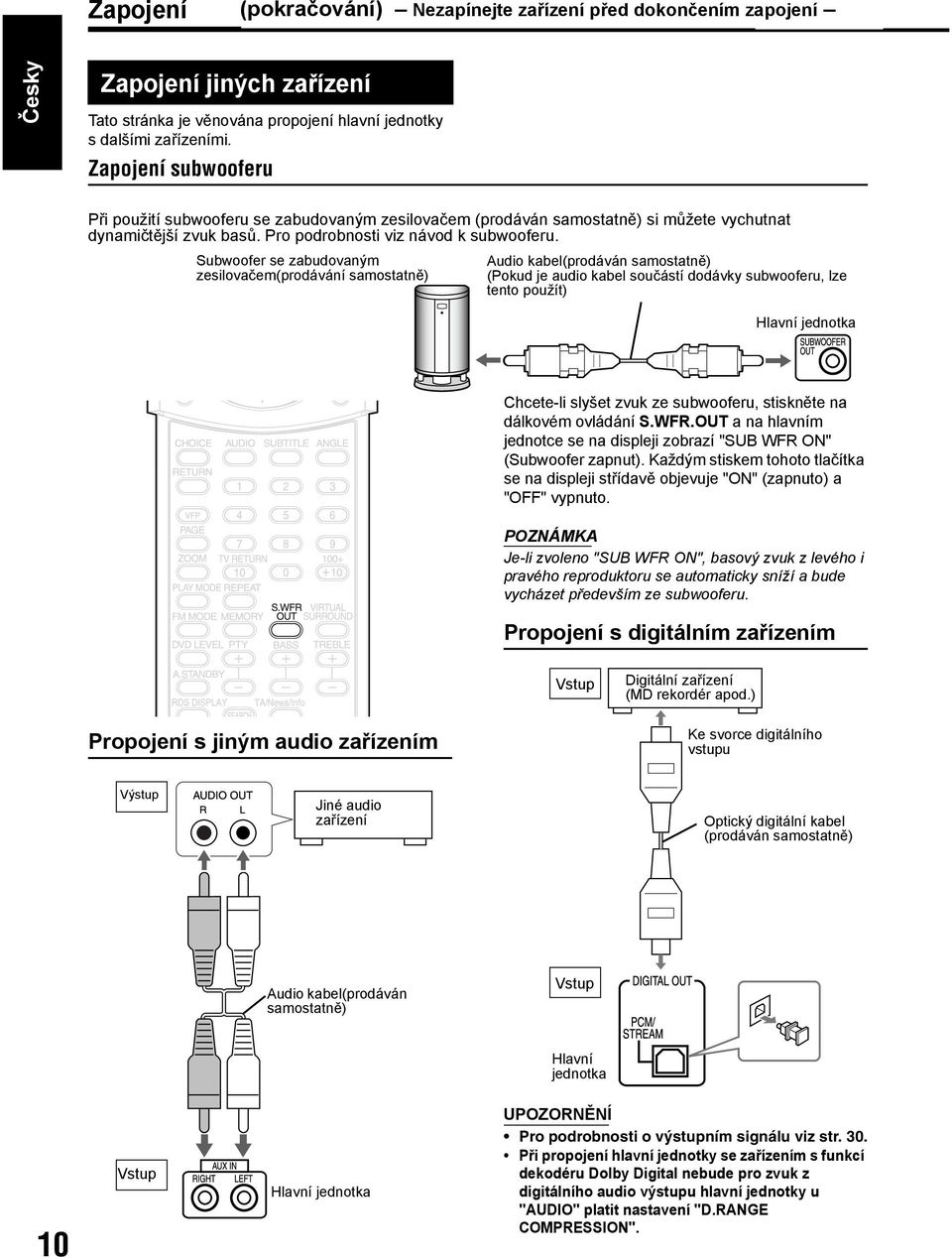 Subwoofer se zabudovaným zesilovačem(prodávání samostatně) Audio kabel(prodáván samostatně) (Pokud je audio kabel součástí dodávky subwooferu, lze tento použít) Hlavní jednotka Chcete-li slyšet zvuk