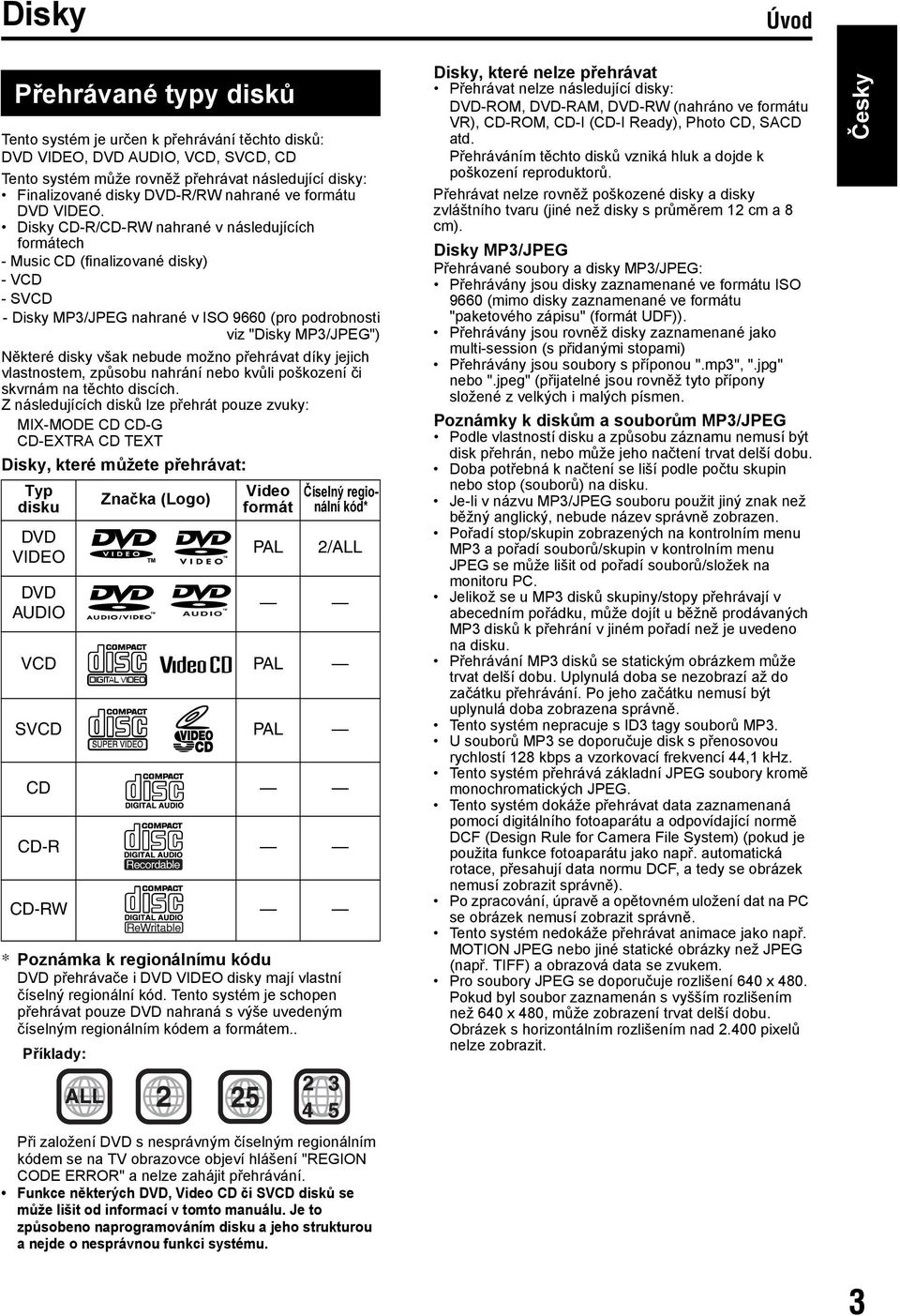 Disky CD-R/CD-RW nahrané v následujících formátech - Music CD (finalizované disky) - VCD - SVCD - Disky MP3/JPEG nahrané v ISO 9660 (pro podrobnosti viz "Disky MP3/JPEG") Některé disky však nebude