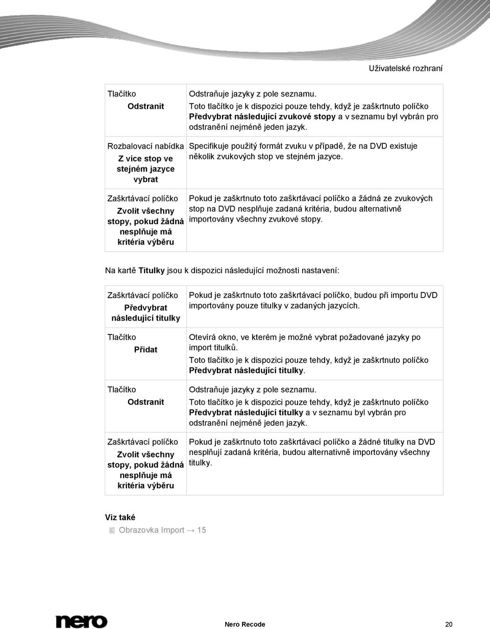 Rozbalovací nabídka Z více stop ve stejném jazyce vybrat Zaškrtávací políčko Zvolit všechny stopy, pokud žádná nesplňuje má kritéria výběru Specifikuje použitý formát zvuku v případě, že na DVD