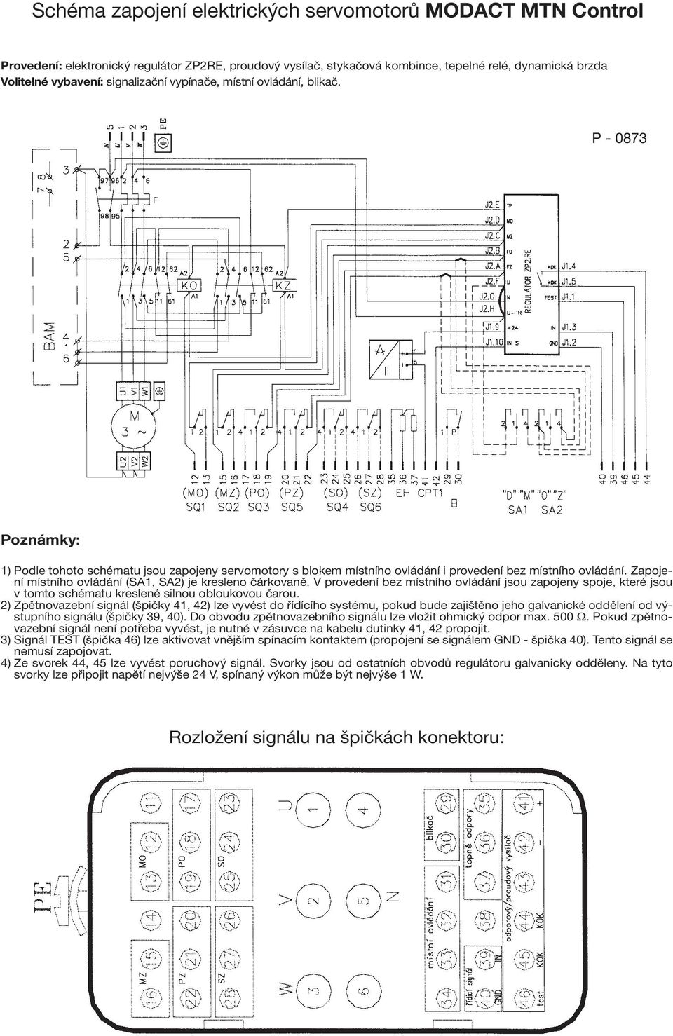 Zapojení místního ovládání (SA1, SA2) je kresleno čárkovaně. V provedení bez místního ovládání jsou zapojeny spoje, které jsou v tomto schématu kreslené silnou obloukovou čarou.