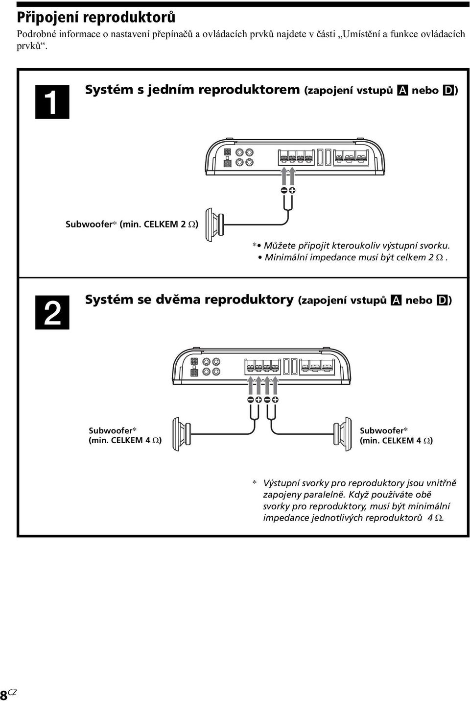 Minimální impedance musí být celkem 2 Ω. 2 Systém se dvěma reproduktory (zapojení vstupů A nebo D) Subwoofer* (min. CELKEM 4 Ω) Subwoofer* (min.