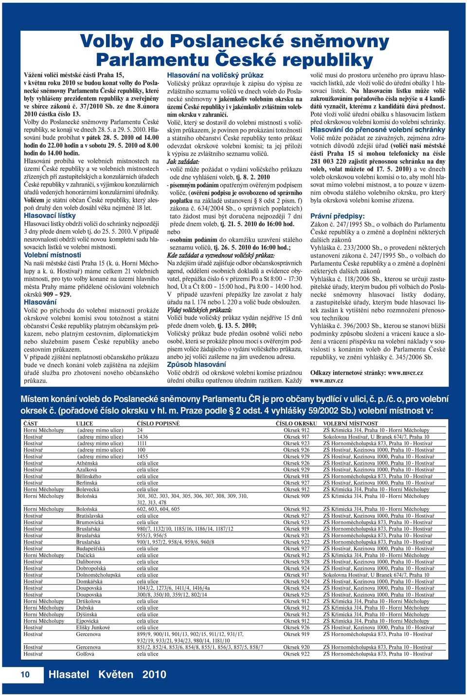 a 29. 5. 2010. Hlasování bude probíhat v pátek 28. 5. 2010 od 14.00 hodin 