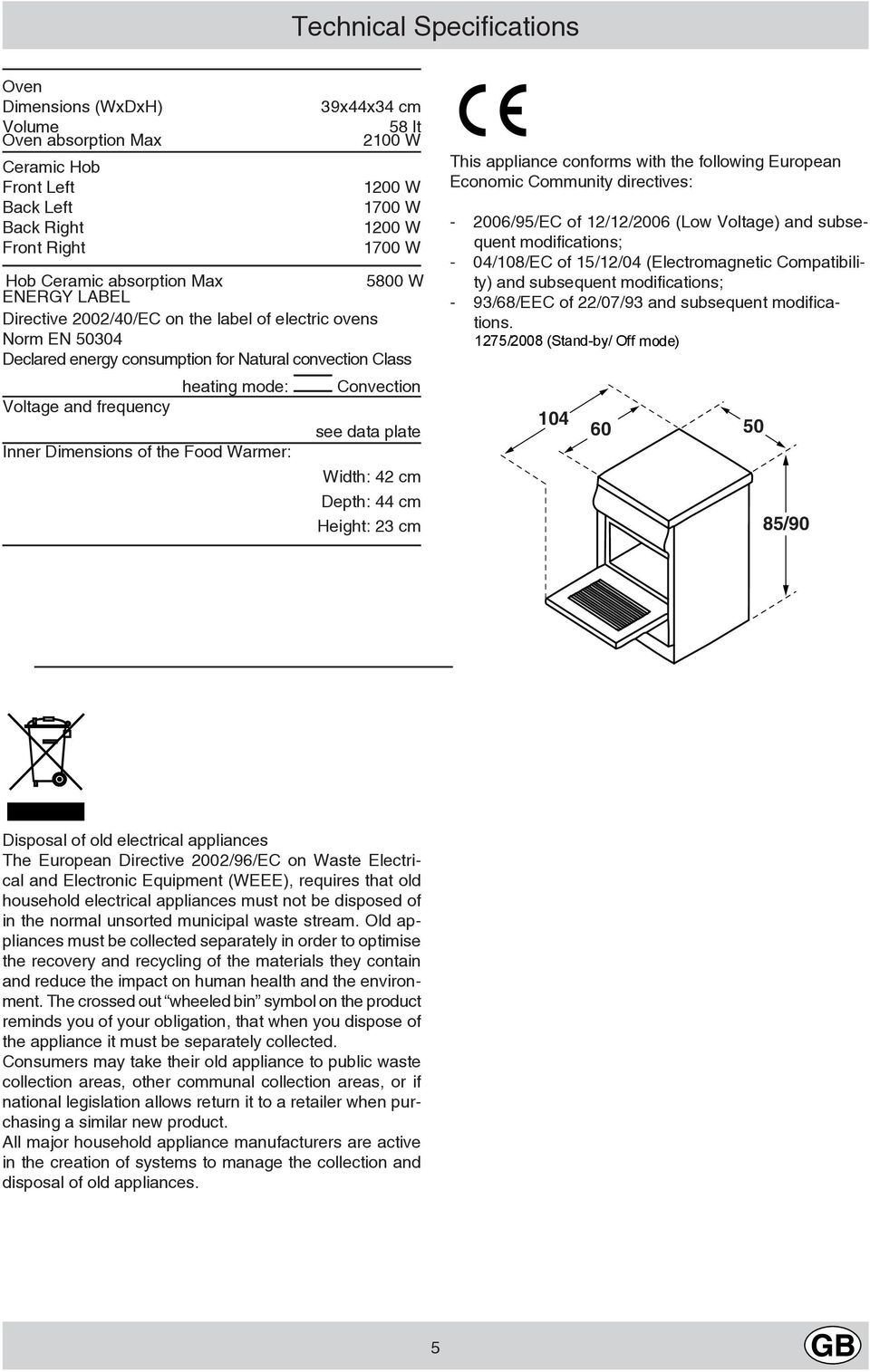 Warmer: Convection see data plate Width: cm Depth: cm Height: cm This appliance conforms with the following European Economic Community directives: - 006/9/EC of //006 (Low Voltage) and subsequent