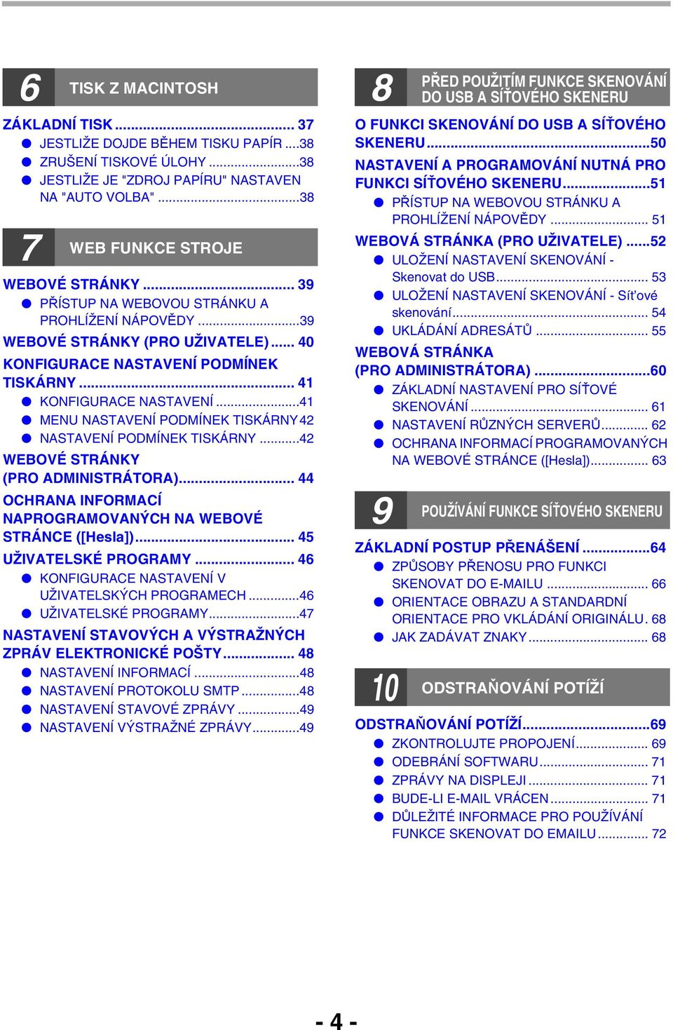 ..4 MENU NASTAVENÍ PODMÍNEK TISKÁRNY4 NASTAVENÍ PODMÍNEK TISKÁRNY...4 WEBOVÉ STRÁNKY (PRO ADMINISTRÁTORA)... 44 OCHRANA INFORMACÍ NAPROGRAMOVANÝCH NA WEBOVÉ STRÁNCE ([Hesla])... 45 UŽIVATELSKÉ PROGRAMY.