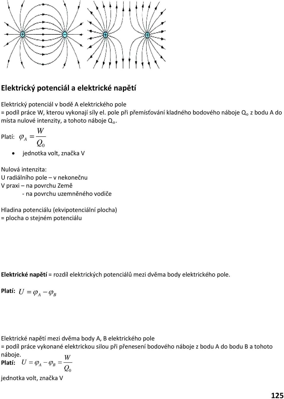 ϕ = W A Q 0 jednotka volt, značka V Nulová intenzita: U radiálního pole v nekonečnu V praxi na povrchu Země - na povrchu uzemněného vodiče Hladina potenciálu (ekvipotenciální plocha) =