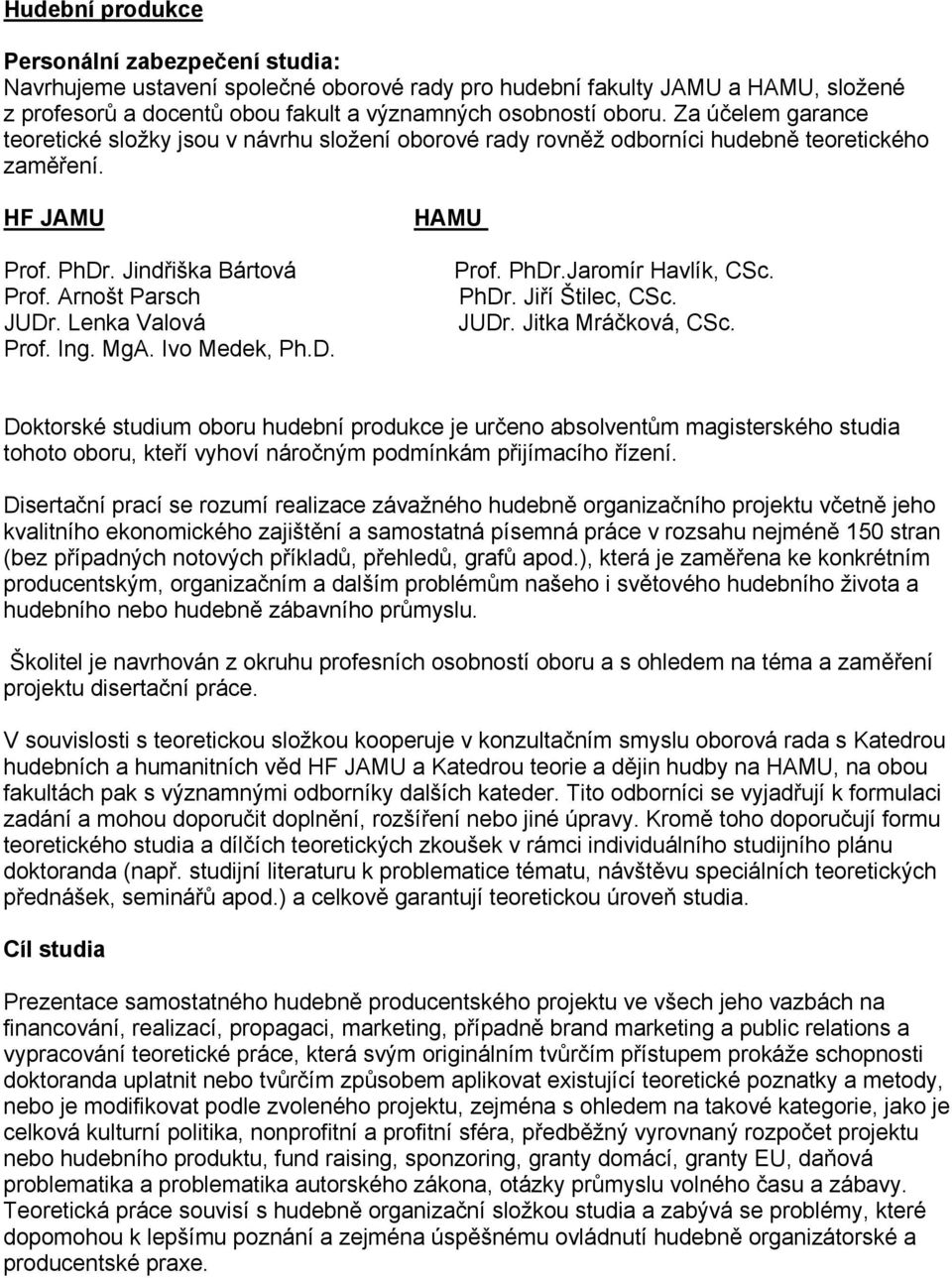 Lenka Valová Prof. Ing. MgA. Ivo Medek, Ph.D. HAMU Prof. PhDr.Jaromír Havlík, CSc. PhDr. Jiří Štilec, CSc. JUDr. Jitka Mráčková, CSc.