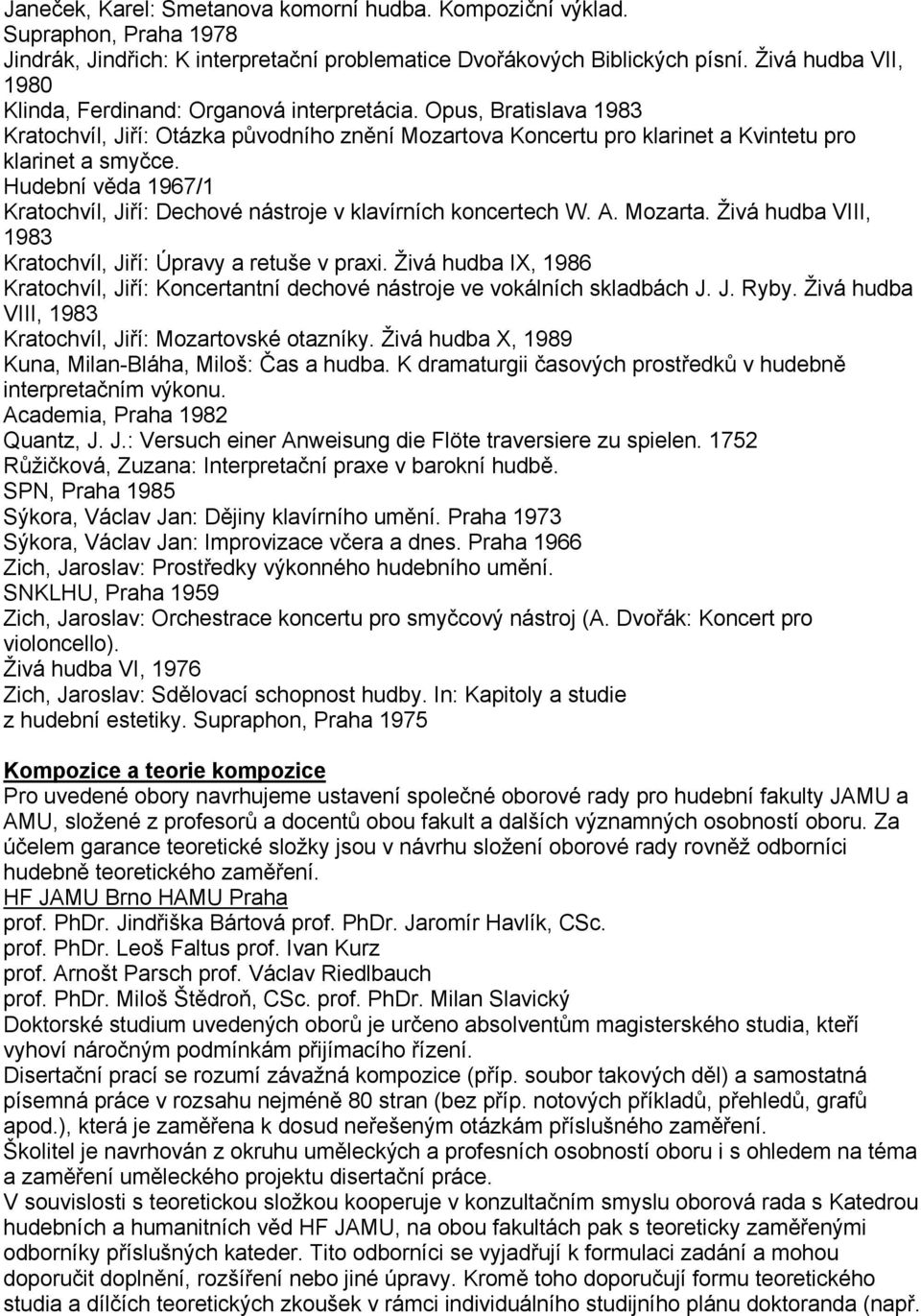 Hudební věda 1967/1 Kratochvíl, Jiří: Dechové nástroje v klavírních koncertech W. A. Mozarta. Živá hudba VIII, 1983 Kratochvíl, Jiří: Úpravy a retuše v praxi.