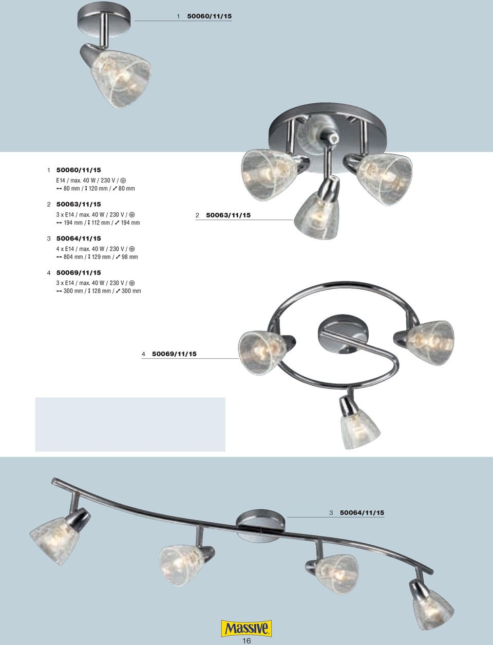 40 W / 230 V / 194 mm / 112 mm / 194 mm 2 50063/11/15 3 50064/11/15 4 x E14 / max.