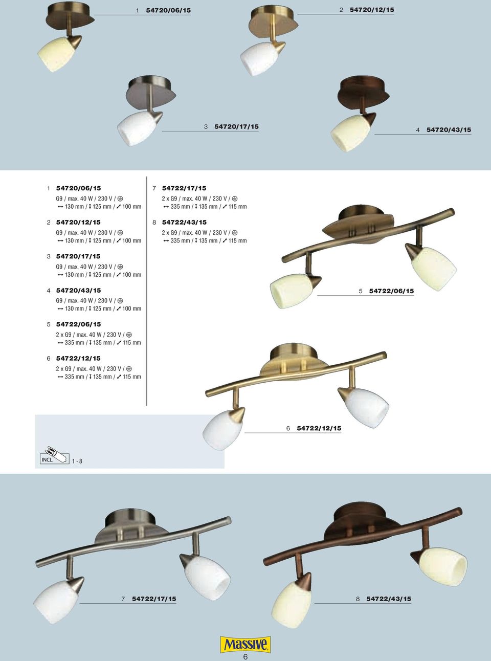 40 W / 230 V / 335 mm / 135 mm / 115 mm 3 54720/17/15 G9 / max. 40 W / 230 V / 130 mm / 125 mm / 100 mm 4 54720/43/15 G9 / max.