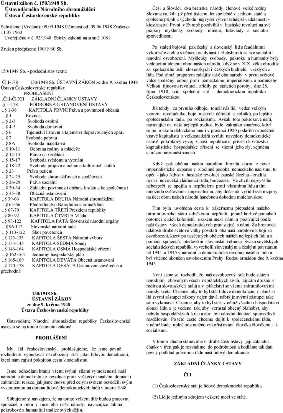 PROHLÁŠENÍ.Čl.I-Čl.XII ZÁKLADNÍ ČLÁNKY ÚSTAVY. 1-178 PODROBNÁ USTANOVENÍ ÚSTAVY.. 1-38 KAPITOLA PRVNÍ Práva a povinnosti občanů... 1 Rovnost... 2-3 Svoboda osobní... 4-5 Svoboda domovní.