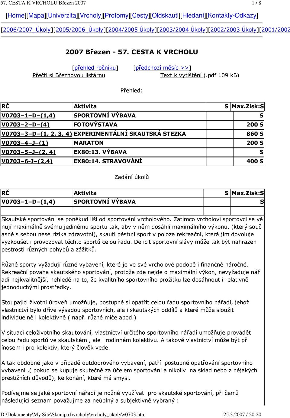 pdf 109 kb) Přehled: V0703 1 D (1,4) SPORTOVNÍ VÝBAVA S V0703 2 D (4) FOTOVÝSTAVA 200 S V0703 3 D (1, 2, 3, 4) EXPERIMENTÁLNÍ SKAUTSKÁ STEZKA 860 S V0703 4 J (1) MARATON 200 S V0703 5 J (2, 4)