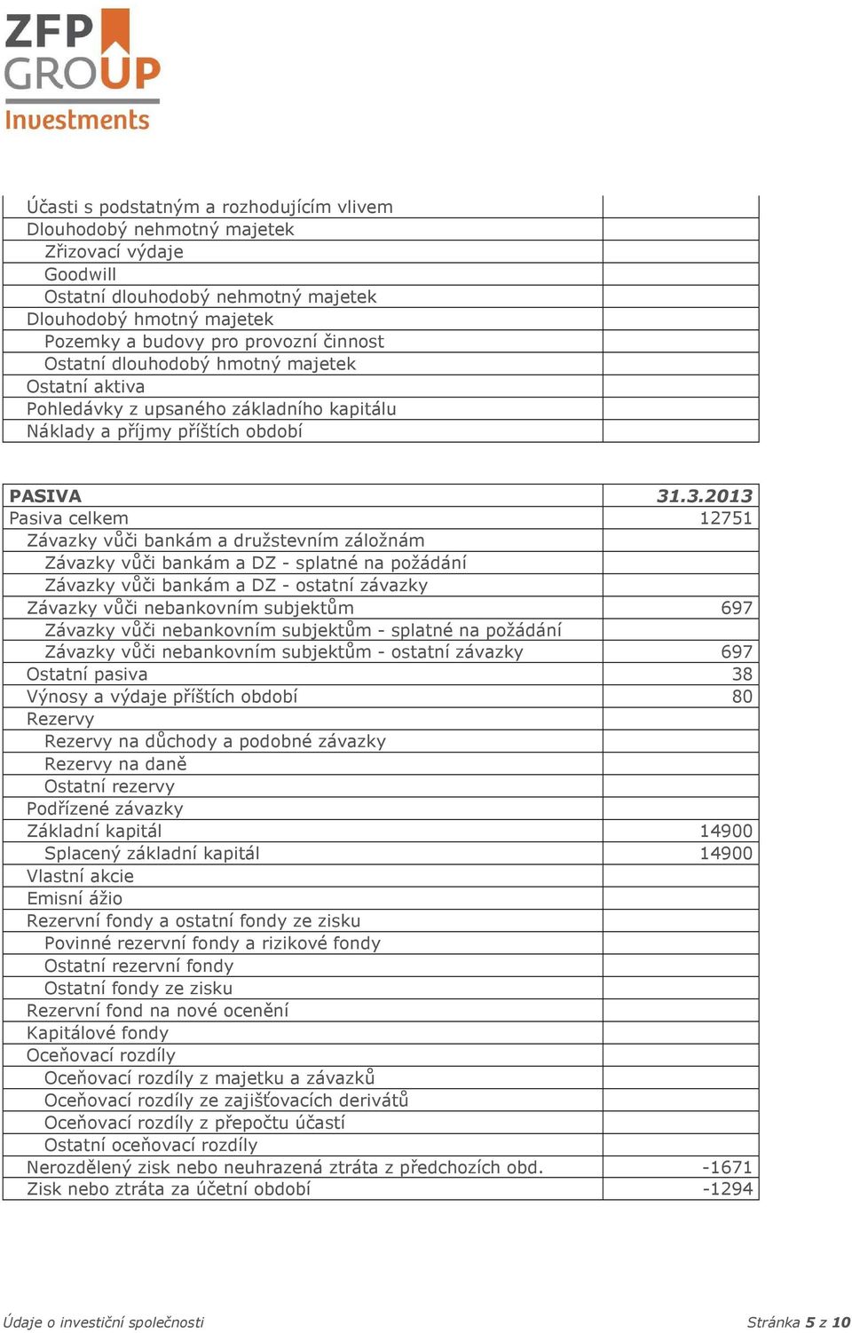 .3.2013 Pasiva celkem 12751 Závazky vůči bankám a družstevním záložnám Závazky vůči bankám a DZ - splatné na požádání Závazky vůči bankám a DZ - ostatní závazky Závazky vůči nebankovním subjektům 697