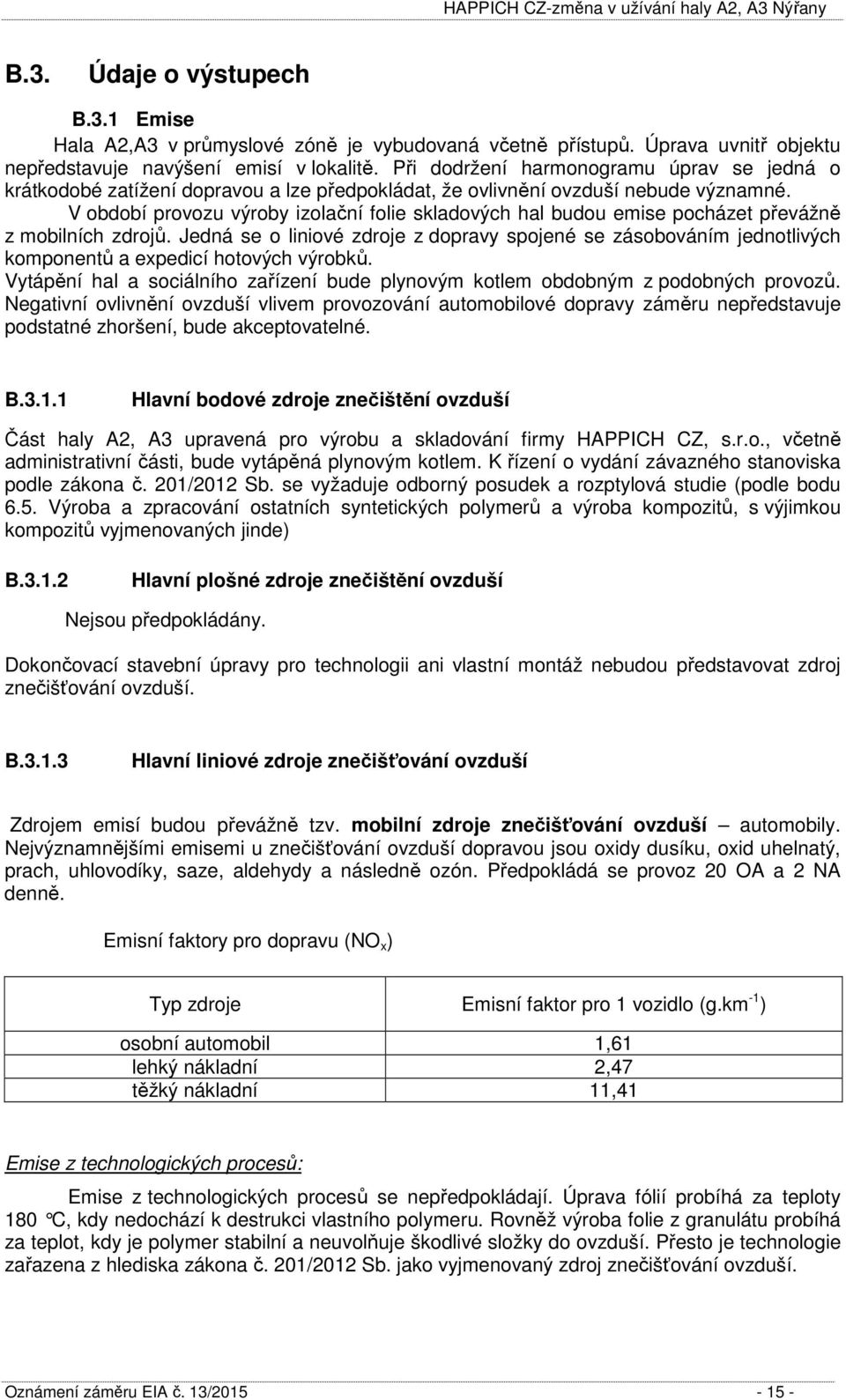 V období provozu výroby izolační folie skladových hal budou emise pocházet převážně z mobilních zdrojů.