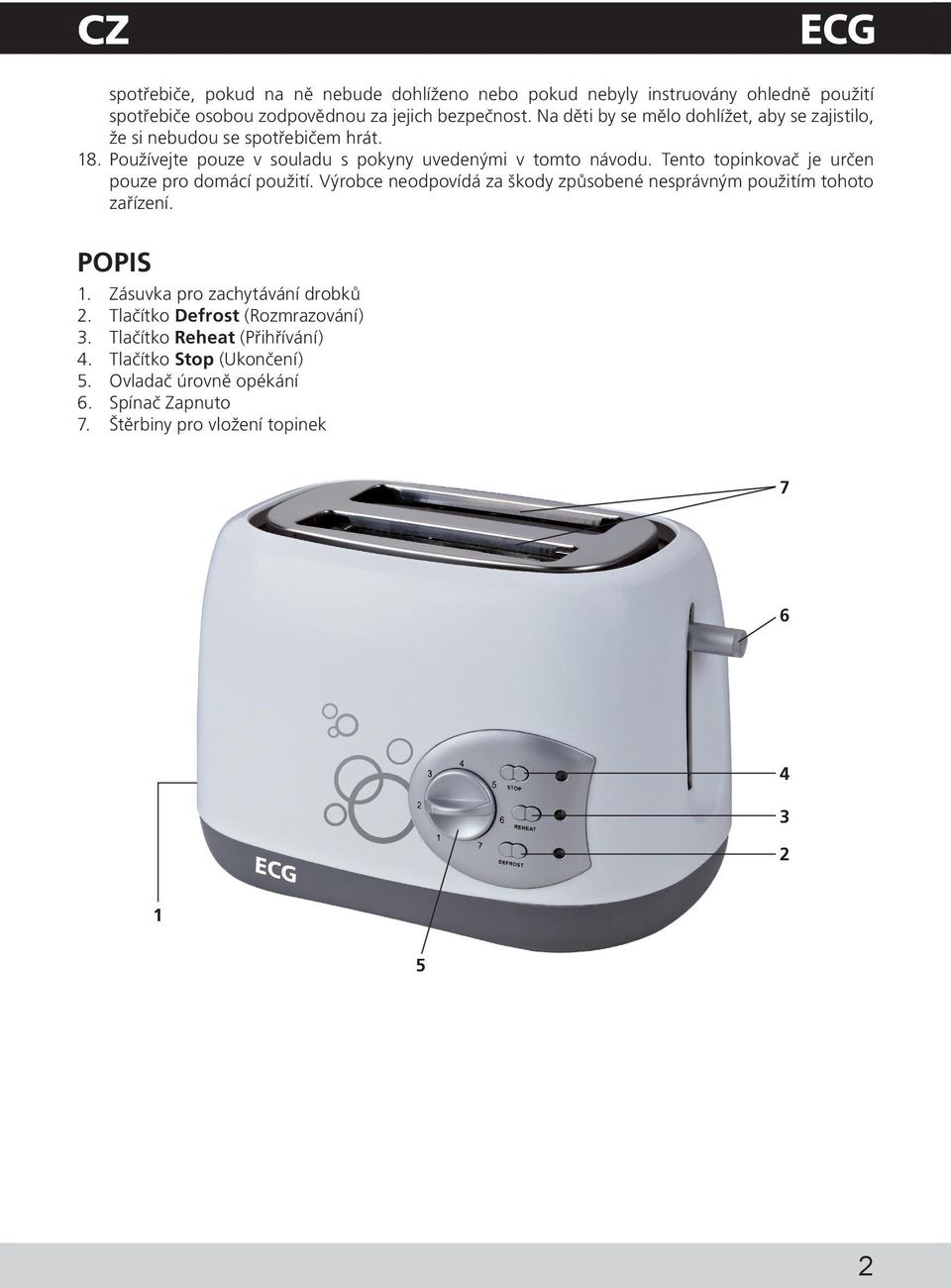 Tento topinkovač je určen pouze pro domácí použití. Výrobce neodpovídá za škody způsobené nesprávným použitím tohoto zařízení. POPIS 1.