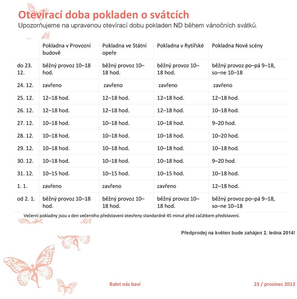 12. zavřeno zavřeno zavřeno zavřeno 25. 12. 12 18 hod. 12 18 hod. 12 18 hod. 12 18 hod. 26. 12. 12 18 hod. 12 18 hod. 12 18 hod. 10 18 hod. 27. 12. 10 18 hod. 10 18 hod. 10 18 hod. 9 20 hod. 28. 12. 10 18 hod. 10 18 hod. 10 18 hod. 10 20 hod.