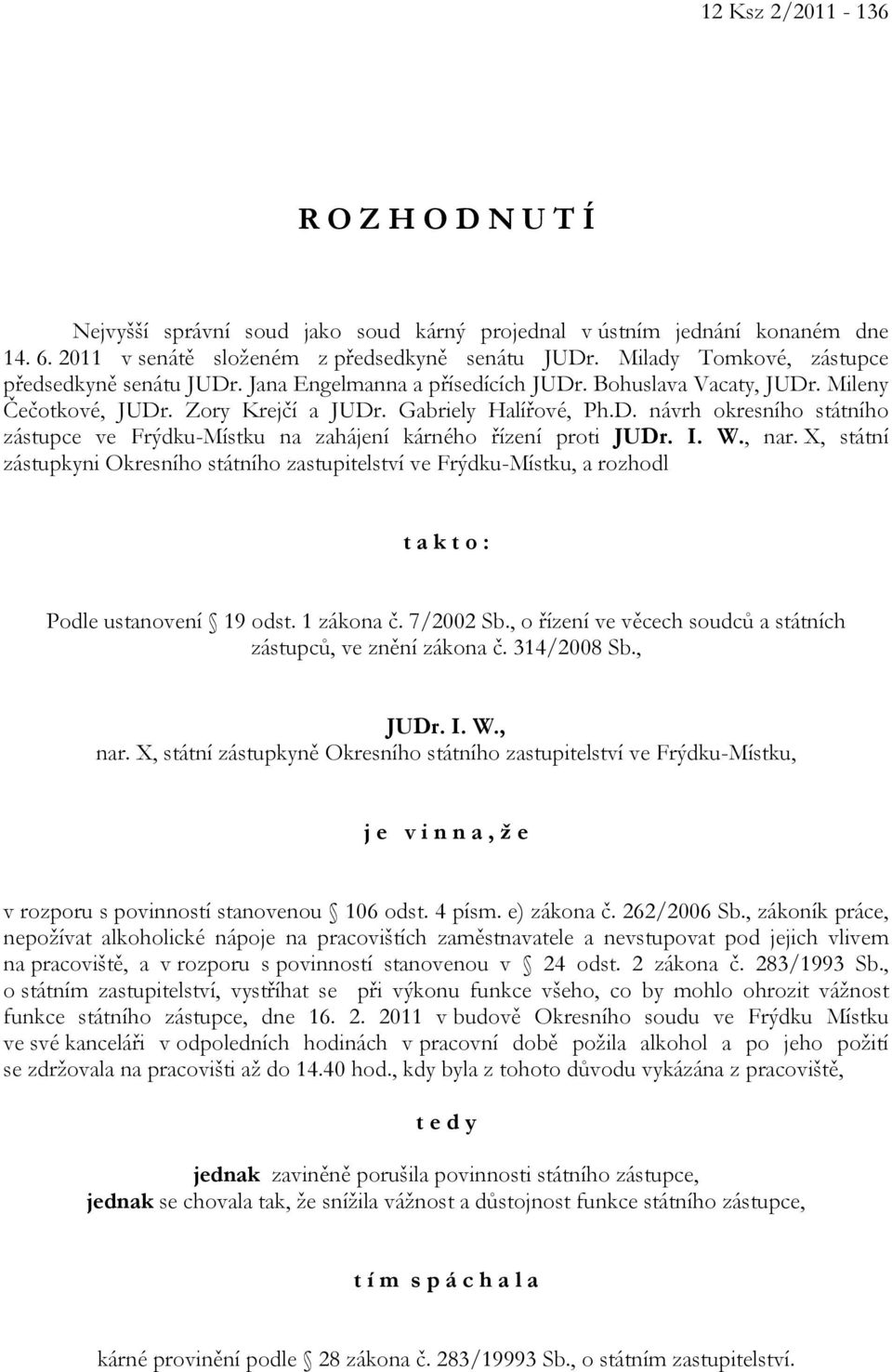 I. W., nar. X, státní zástupkyni Okresního státního zastupitelství ve Frýdku-Místku, a rozhodl t a k t o : Podle ustanovení 19 odst. 1 zákona č. 7/2002 Sb.