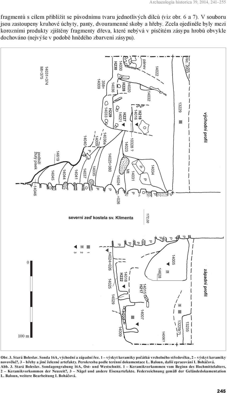 Stará Boleslav. Sonda 16A, východní a západní řez. 1 výskyt keramiky počátků vrcholného středověku, 2 výskyt keramiky novověké?, 3 hřeby a jiné železné artefakty.