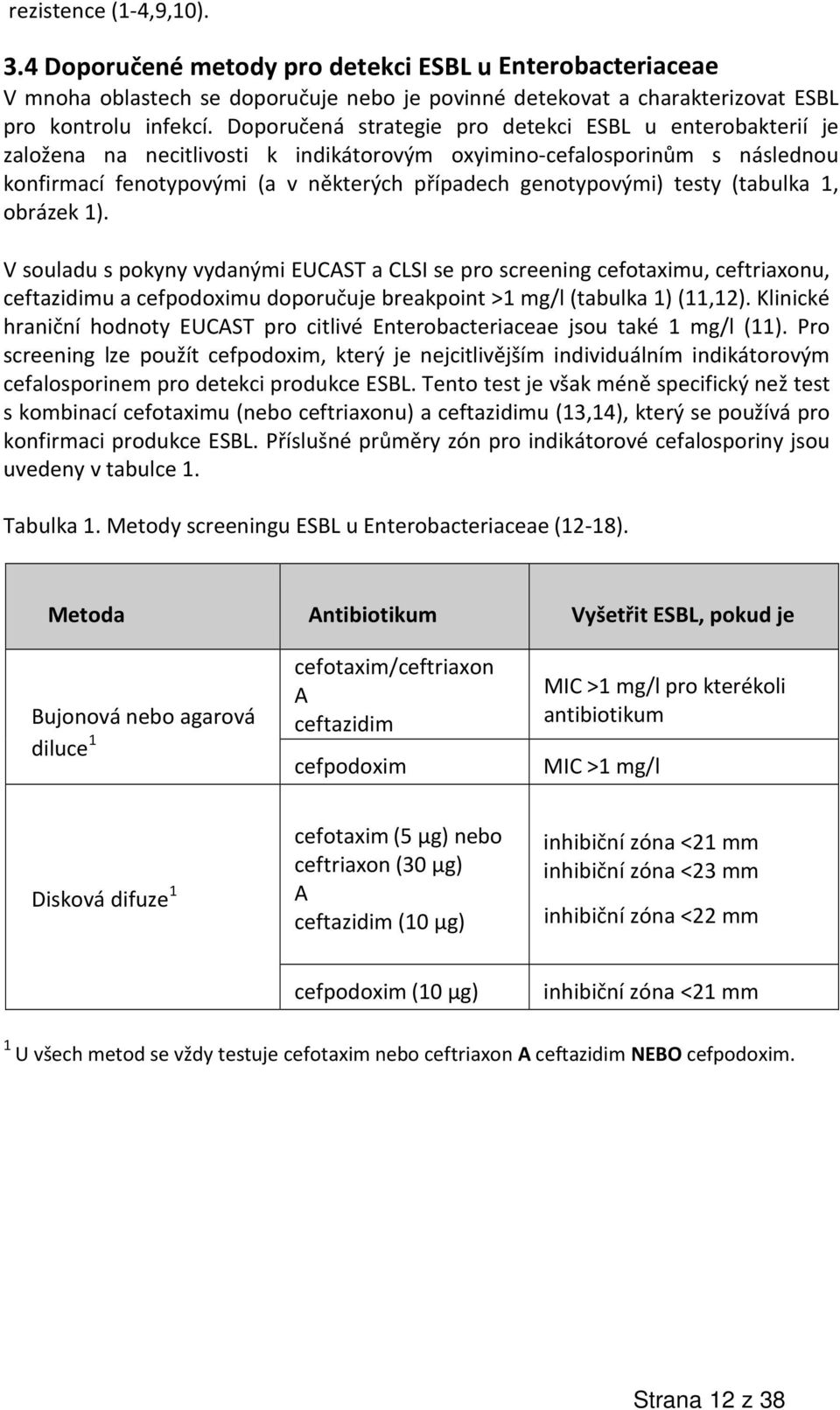 testy (tabulka 1, obrázek 1). V souladu s pokyny vydanými EUCAST a CLSI se pro screening cefotaximu, ceftriaxonu, ceftazidimu a cefpodoximu doporučuje breakpoint >1 mg/l (tabulka 1) (11,12).