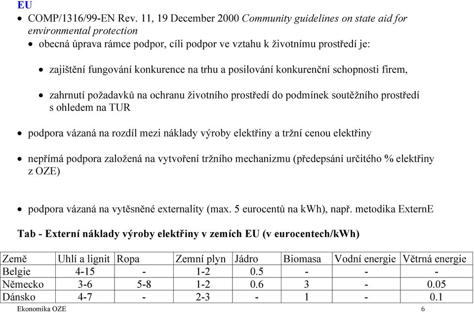 a posilování konkurenční schopnosti firem, zahrnutí požadavků na ochranu životního prostředí do podmínek soutěžního prostředí s ohledem na TUR podpora vázaná na rozdíl mezi náklady výroby elektřiny a