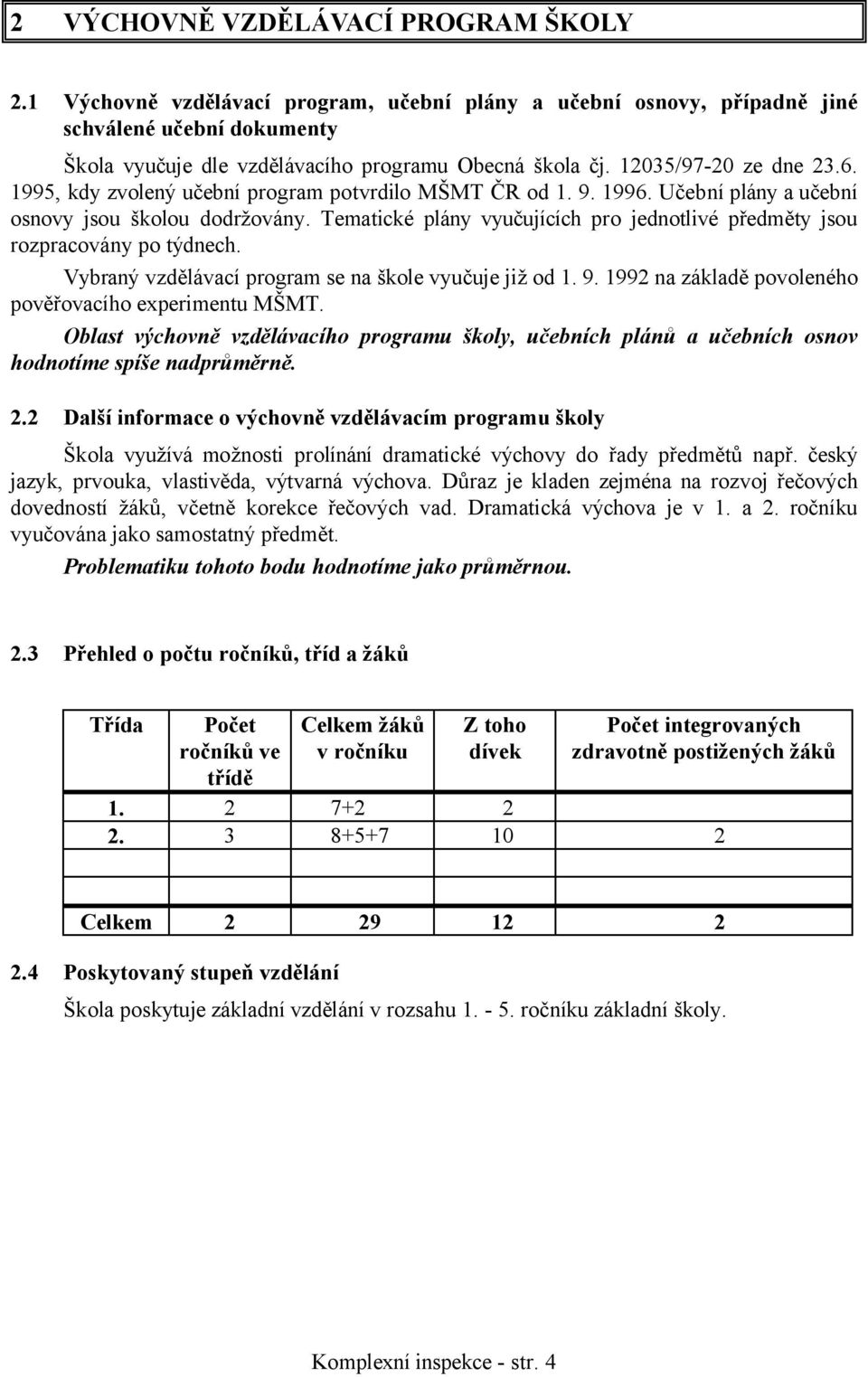 Tematické plány vyučujících pro jednotlivé předměty jsou rozpracovány po týdnech. Vybraný vzdělávací program se na škole vyučuje již od 1. 9. 1992 na základě povoleného pověřovacího experimentu MŠMT.