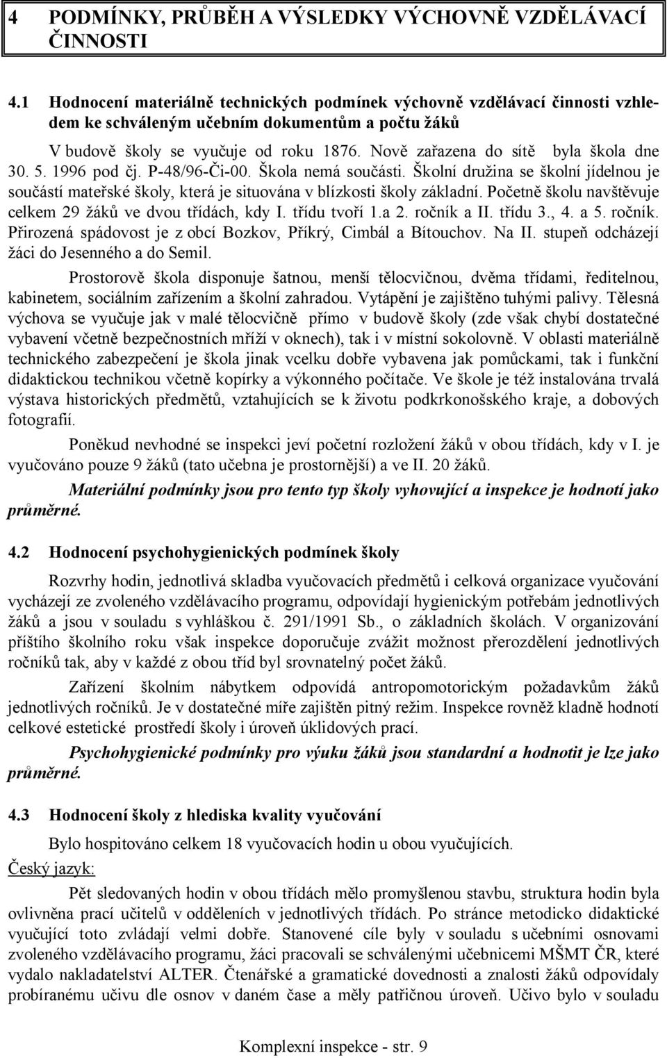 Nově zařazena do sítě byla škola dne 30. 5. 1996 pod čj. P-48/96-Či-00. Škola nemá součásti.