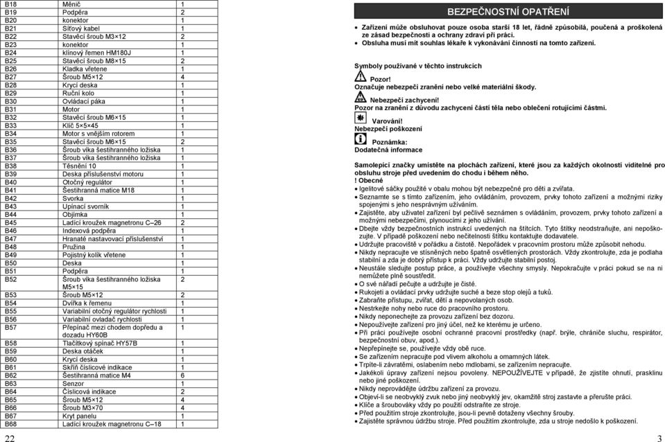 1 B37 Šroub víka šestihranného ložiska 1 B38 Těsnění 10 1 B39 Deska příslušenství motoru 1 B40 Otočný regulátor 1 B41 Šestihranná matice M18 1 B42 Svorka 1 B43 Upínací svorník 1 B44 Objímka 1 B45