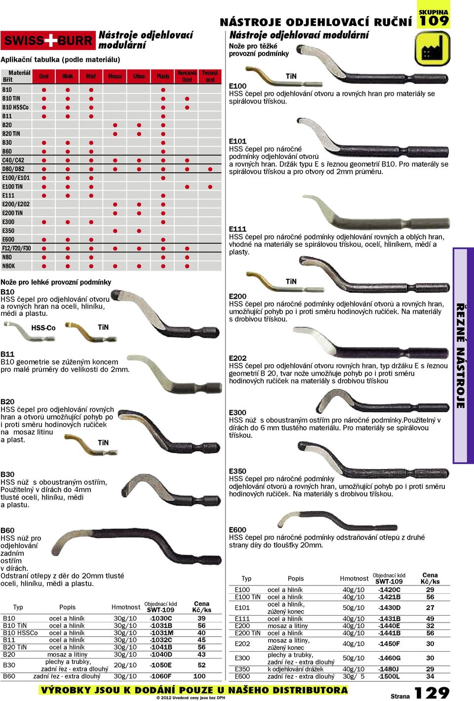 l l E600 l l l l F12/F20/F30 l l l l l l l N80 l l l l l N80K l l l l l l l nástroje odjehlovací ruční Nástroje odjehlovací modulární Nože pro těžké provozní podmínky skupina 109 TiN E100 HSS čepel