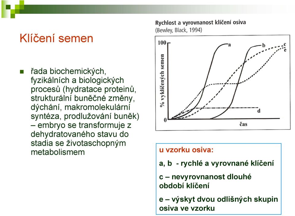 transformuje z dehydratovaného stavu do stadia se životaschopným metabolismem u vzorku osiva: a, b