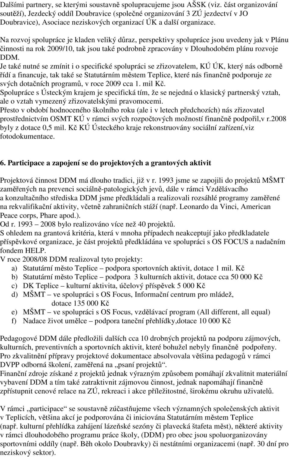 Na rozvoj spolupráce je kladen veliký důraz, perspektivy spolupráce jsou uvedeny jak v Plánu činnosti na rok 2009/10, tak jsou také podrobně zpracovány v Dlouhodobém plánu rozvoje DDM.